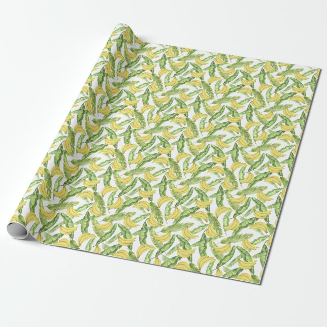 Papier Cadeau Feuilles tropicaux, bananes, motif aquarelle. (Déroulé)