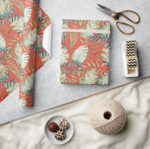 Papier Cadeau Feuilles verts tropicaux orange