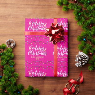 Papier Cadeau Feux à cordes colorées Nom Noël rose