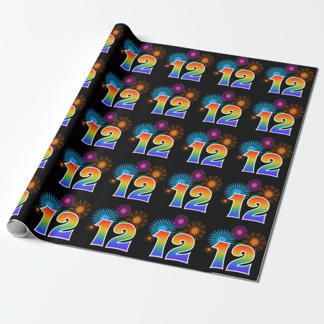 Papier Cadeau Feux d'artifice amusants + motif arc-en-ciel "12"  (Déroulé)