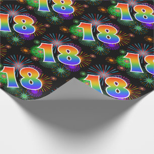 Papier Cadeau Feux d'artifice colorés + Motif "18" d'arc-en-cie