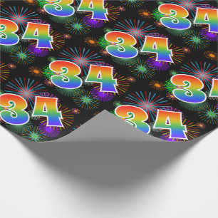 Papier Cadeau Feux d'artifice colorés + Motif "34" d'arc-en-cie