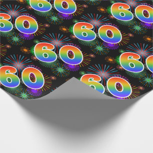 Papier Cadeau Feux d'artifice colorés + Motif "60" d'arc-en-cie