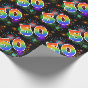 Papier Cadeau Feux d'artifice colorés + Motif arc-en-ciel "50" E