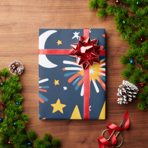 Papier Cadeau Feux d'artifice et Étoiles et Lune sur Fond Noir
