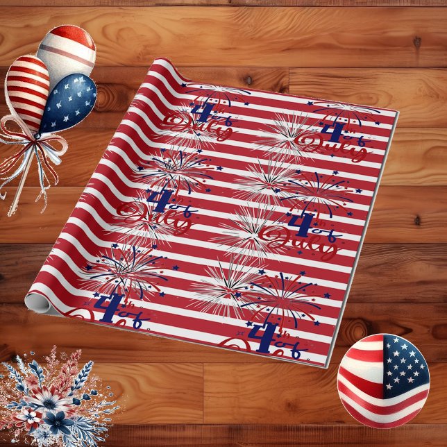Papier Cadeau Feux d'artifice Red Stripes 4 juillet Fête de l'In (Fireworks Red Stripes 4th Of July Independence Day Wrapping Paper)