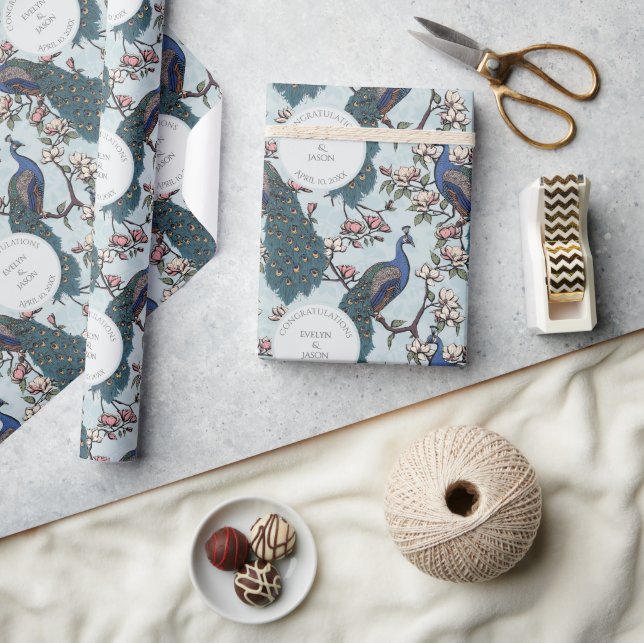 Papier Cadeau Fiançailles bleu floral Peacock (Artisanat)