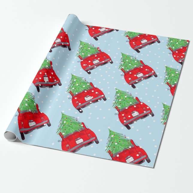 Papier Cadeau Fiat rouge 500 avec arbre de Noël Aquarelle (Déroulé)