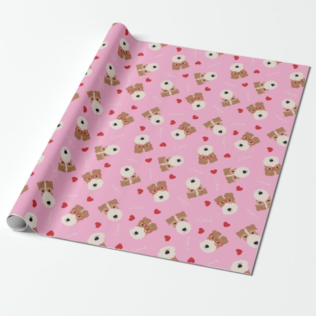 Papier Cadeau Fil Fox Terrier Chien Lunettes de coeur Motif rose (Déroulé)