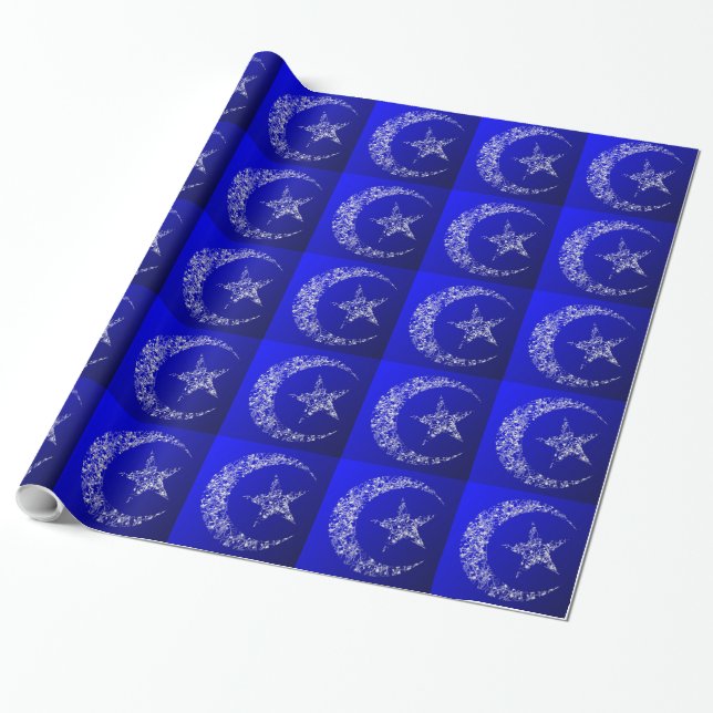 Papier Cadeau Filigree Crescent Moon et Star sur bleu (Déroulé)