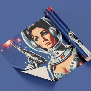 Papier Cadeau Fille astronaute de science-fiction vintage