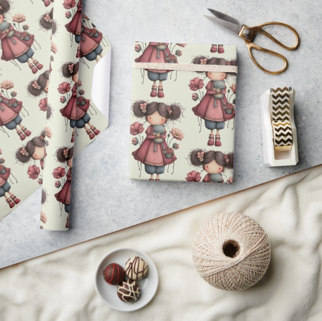 Papier Cadeau Fille avec une poupée grenouille motif fantaisiste (Artisanat)