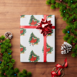 Papier Cadeau Fille dansante vintage et sapin de Noël
