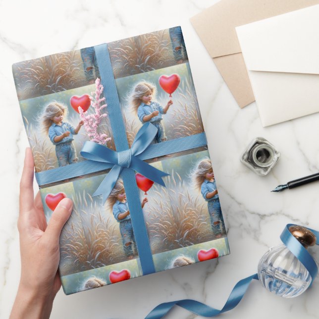 Papier Cadeau Fille de campagne avec ballon de coeur rouge (Cadeaux)