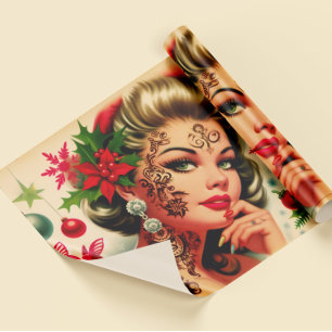 Papier Cadeau Fille de Noël tatouée vintage