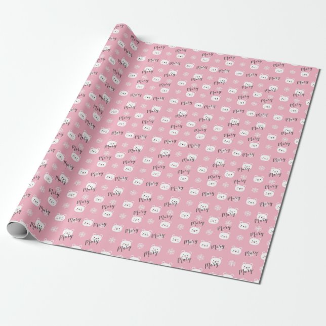Papier Cadeau Fille d'ours rose de Noël personnalisée (Déroulé)