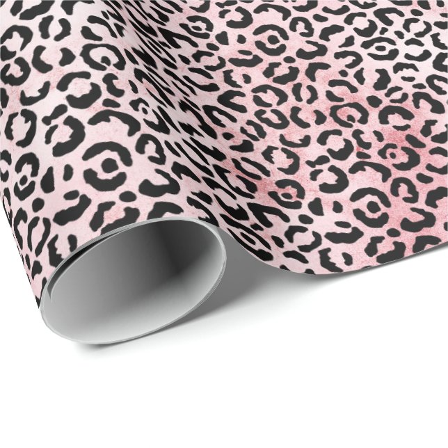 Papier Cadeau Fille Empreinte de léopard noir rose (Coin rond)
