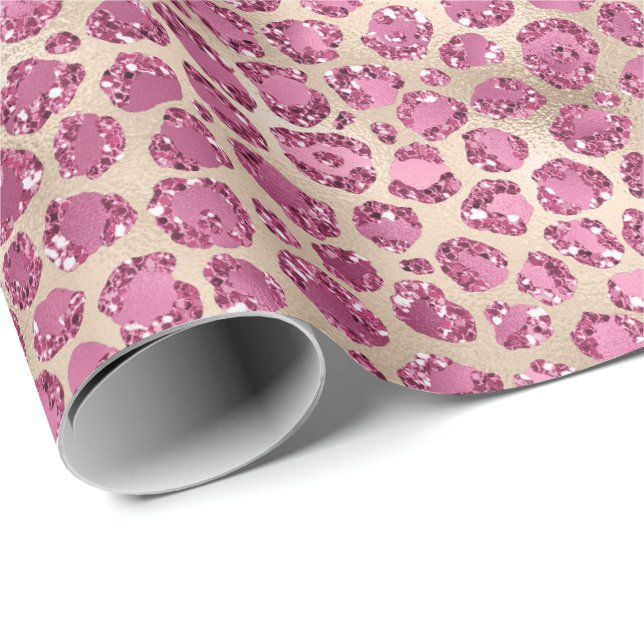 Papier Cadeau Fille Empreinte de léopard rose or Glitz   (Coin rond)