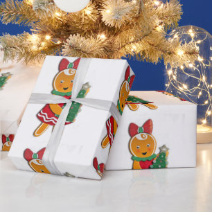 Papier Cadeau Fille en pain d'épices avec arbre de Noël