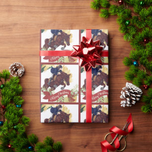 Papier Cadeau Fille et Cheval Joyeux Noël coloré