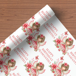 Papier Cadeau Fille Fée Enjouée Rouge Floral Anniversaire Emball