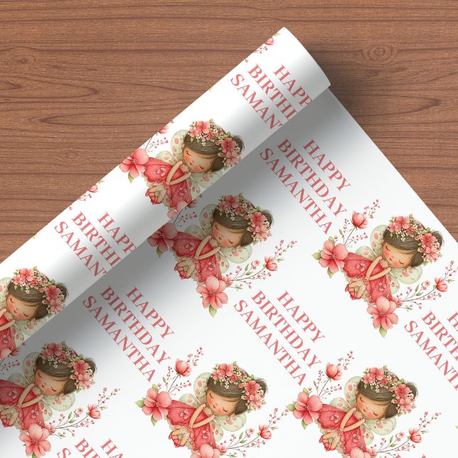 Papier Cadeau Fille Fée Pastel Rougissement Floral Anniversaire  (Pastel Fairy Girl Blush Floral Birthday Wrapping Paper

)