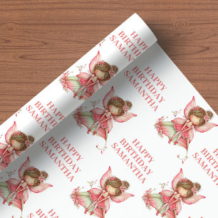 Papier Cadeau Fille Fée Rouge à Joues Fantaisie Florale Annivers
