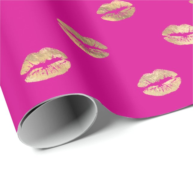 Papier Cadeau Fille Hot Rose Gold Kiss Lips Motif  (Coin rond)