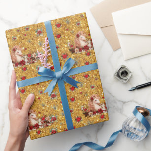 Papier cadeau fille licorne de Noël floral or