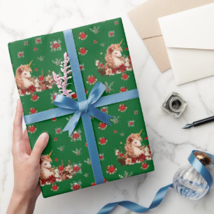 Papier cadeau Fille Licorne de Noël Floral Vert