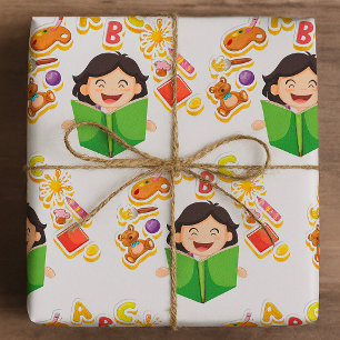 Papier Cadeau Fille lisant et apprenant les lettres ABC et les j