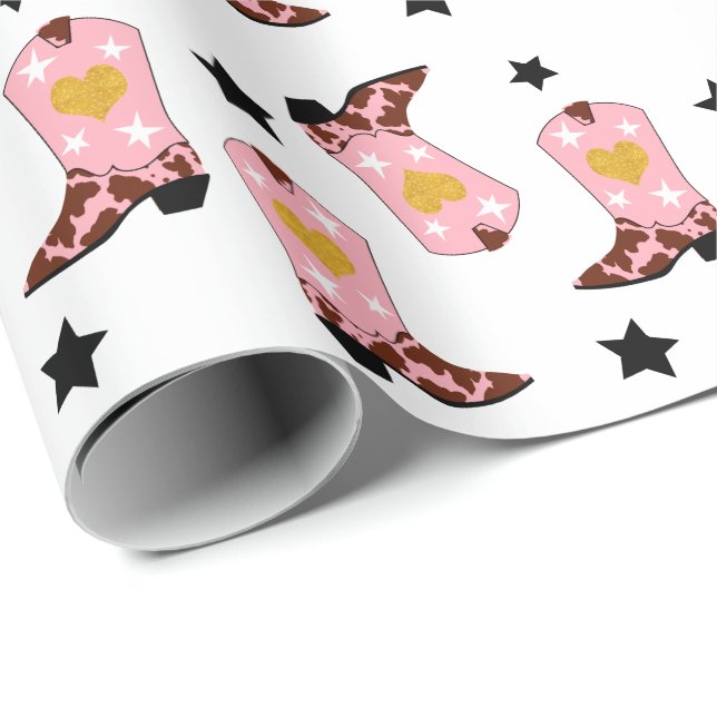 Papier Cadeau Fille moderne fille rose fille Bottes occidentales (Coin rond)