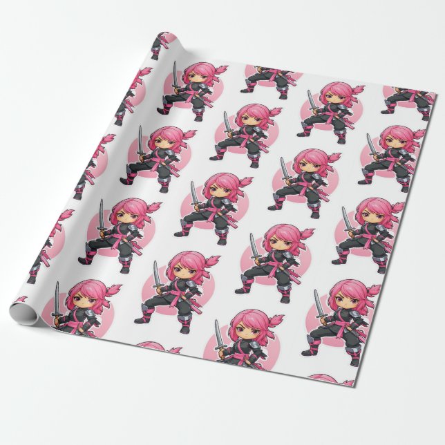 Papier Cadeau Fille Ninja rose (Déroulé)