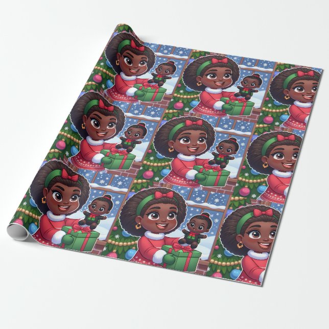 Papier Cadeau Fille noire avec papier d'emballage de poupée noir (Déroulé)