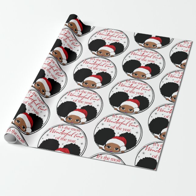 Papier Cadeau Fille noire de Noël Afro Papier à envelopper (Déroulé)