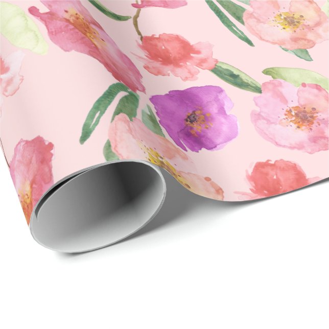 Papier Cadeau Fille Rose Aquarelle Fleurs (Coin rond)