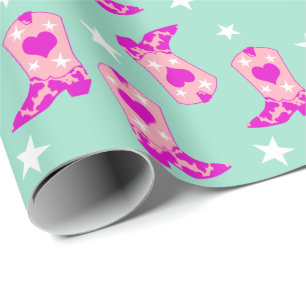 Papier Cadeau Fille rose Fille moderne poupée Western Boots Mint