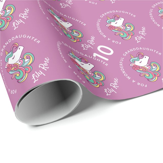 Papier Cadeau Fille rose florale licorne magique (Coin rond)