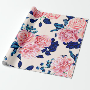 Papier Cadeau Fille Rose Marine Bleu Pays Fleurs Peintes