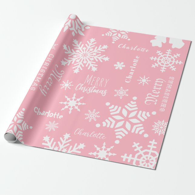 Papier Cadeau Fille rose Nom personnalisé Noël Fête neige (Déroulé)
