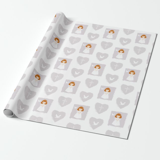 Papier Cadeau Fille rousse de la colombe communion (Déroulé)