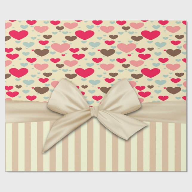 Papier Cadeau Fille Sophistiquée, Stripé, Bow, Coeurs (Plat)
