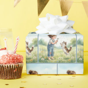 Papier Cadeau Fille soufflant des semis de pissenlit avec un cha