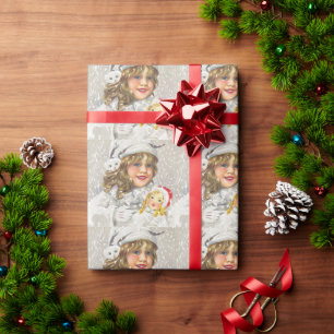 Papier Cadeau Fille victorienne de Noël vintage avec poupée dans