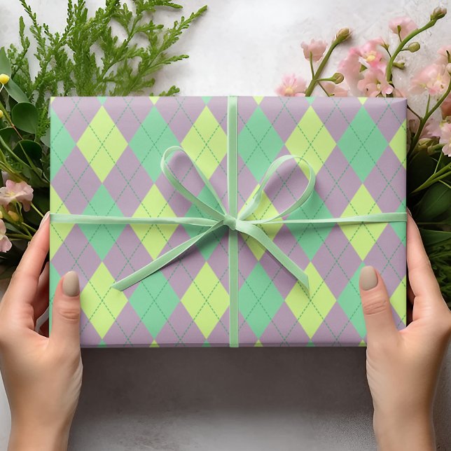 Papier Cadeau Fille violet et Jacquard vert Motif Enfants (Chic and Cute Purple, Green and Lime Argyle Pattern with Dotted Lines. Perfect for St. Patrick's Day)