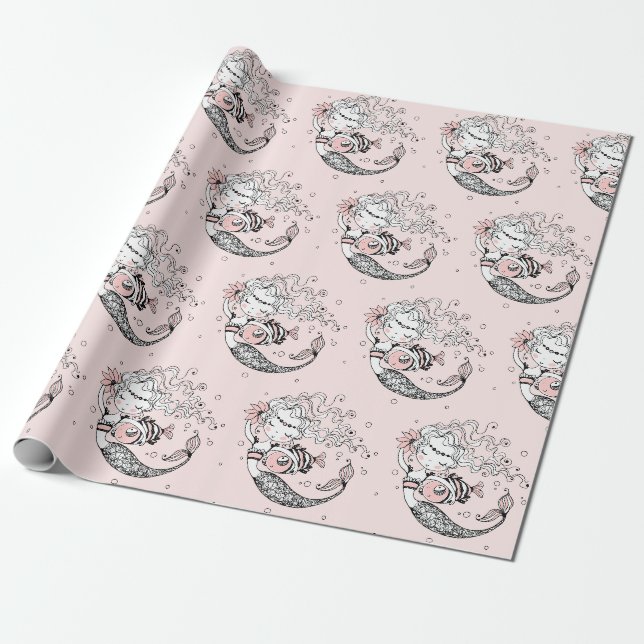 Papier Cadeau Filles de sirènes d'été Anniversaire rose (Déroulé)