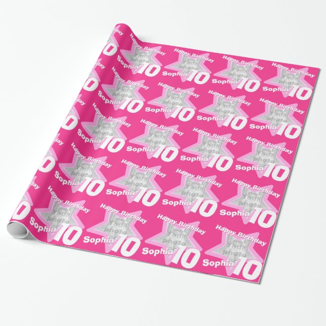 Papier Cadeau Filles nom age 10 ajouter votre photo rose étoile  (Déroulé)