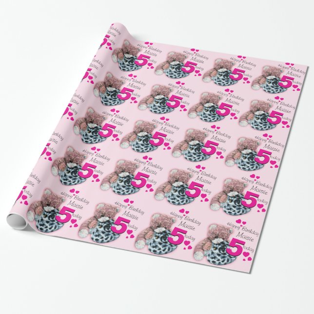 Papier Cadeau Filles nom âge 5 jouets mous anniversaire envelopp (Déroulé)