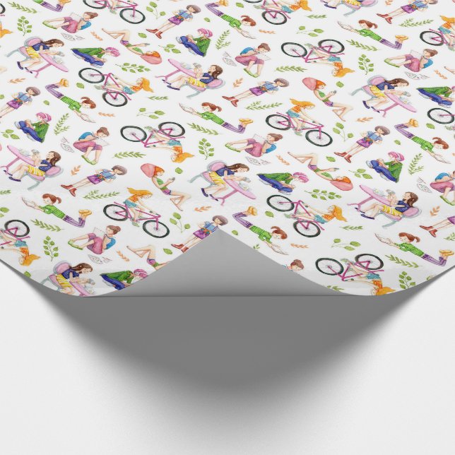 Papier Cadeau Filles occupées Motif aquarelle (Coin)