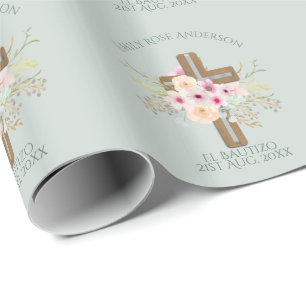 Papier Cadeau Filles Pink floral BAUTIZO Baptism Bautismo Nommé
